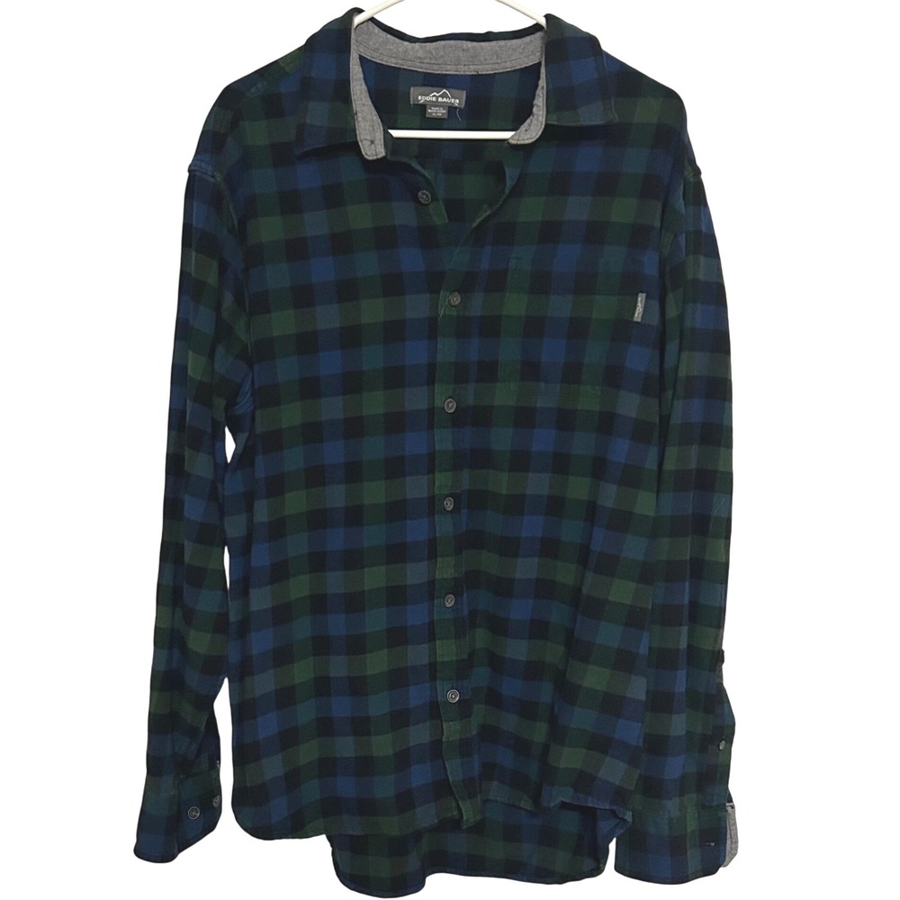 Eddie Bauer Long Sleeve Blue/Green‎ Checkered Button Down Flannel Size XL